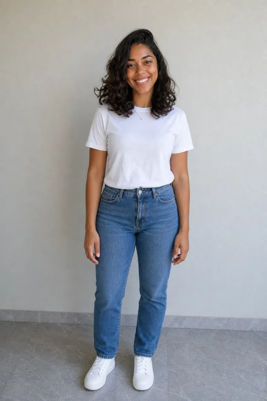 Nina de corpo inteiro, de camiseta branca e calça jeans, de frente para a câmera
