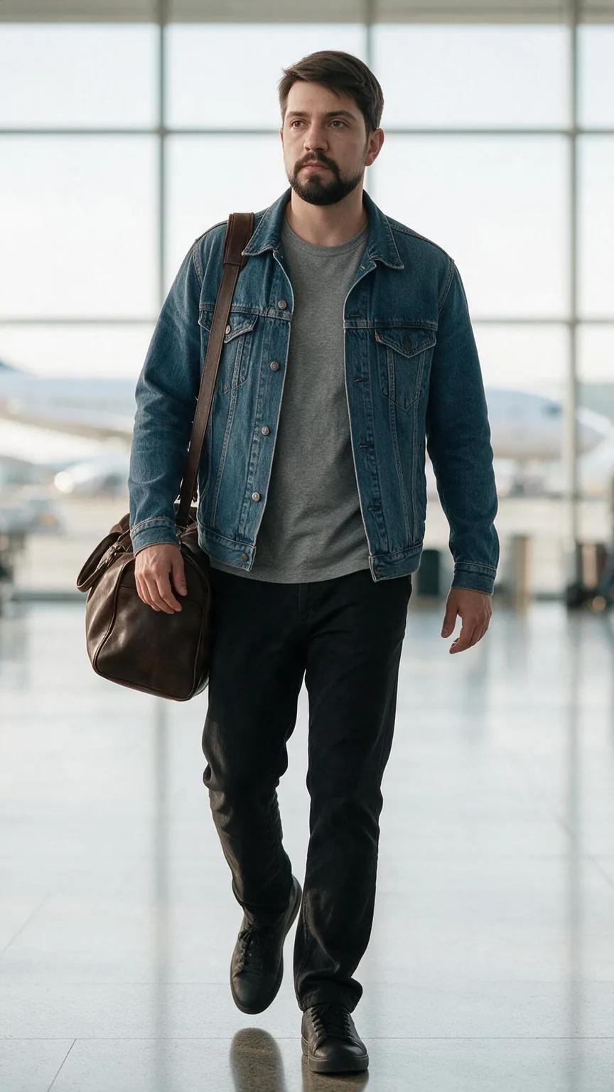 O Dublê Digital do Junior de jaqueta jeans, atravessando o saguão de um aeroporto com uma bolsa de couro no ombro