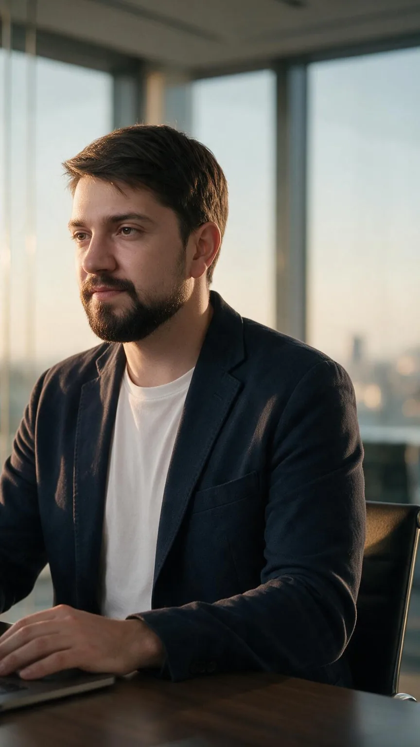 O Dublê Digital do Junior de blazer azul-marinho, numa sala de reunião com paredes de vidro, diante de um notebook