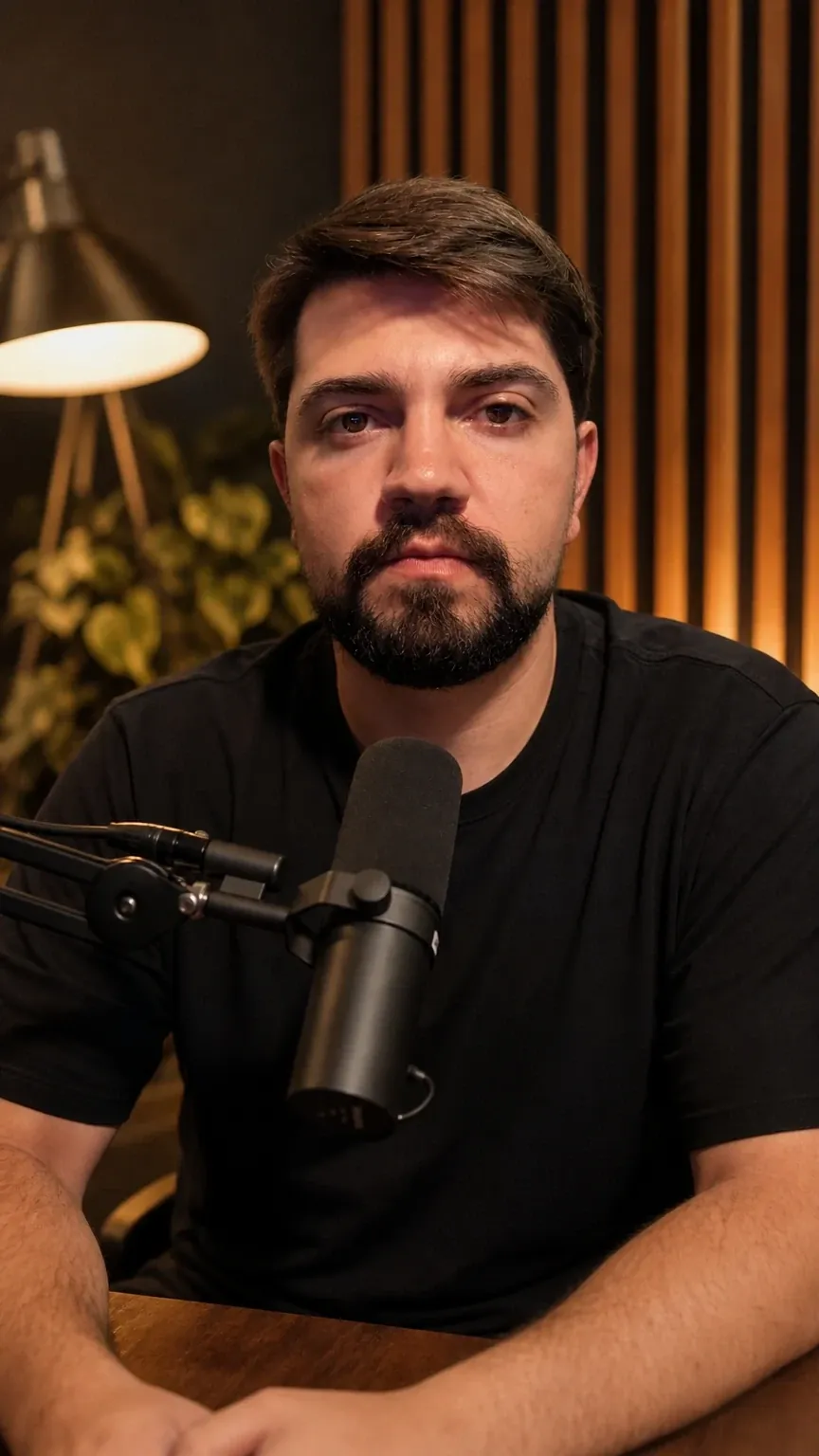 O Dublê Digital do Junior diante de um microfone de estúdio, num ambiente de luz baixa