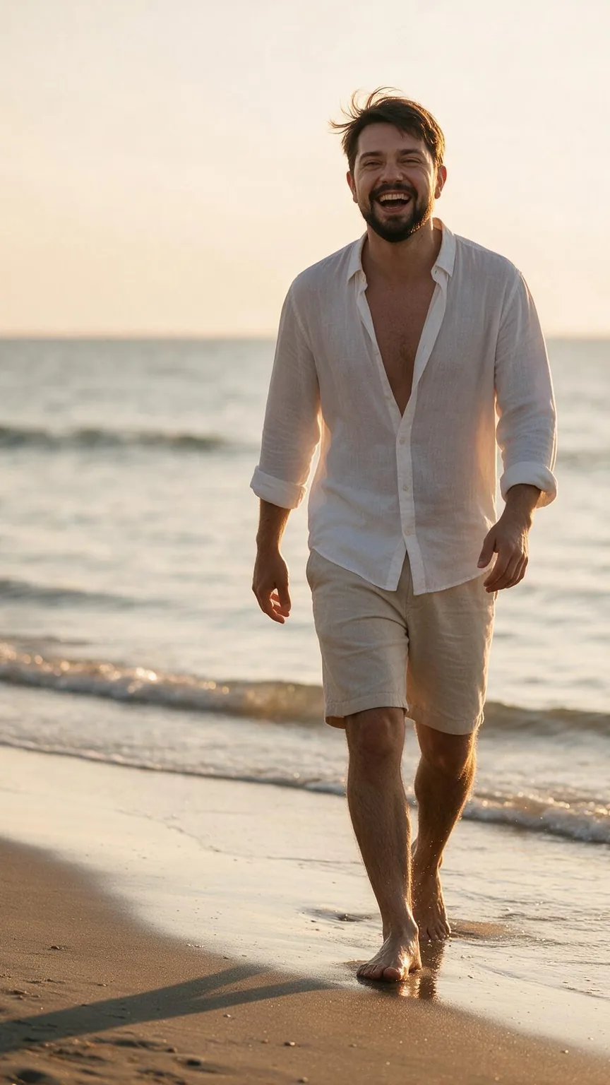 O Dublê Digital do Junior de camisa de linho branca, caminhando descalço na beira do mar no fim de tarde