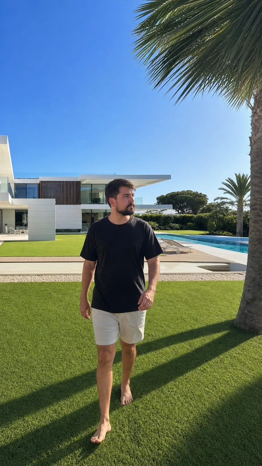 O Dublê Digital do Junior caminha no gramado de uma casa com piscina