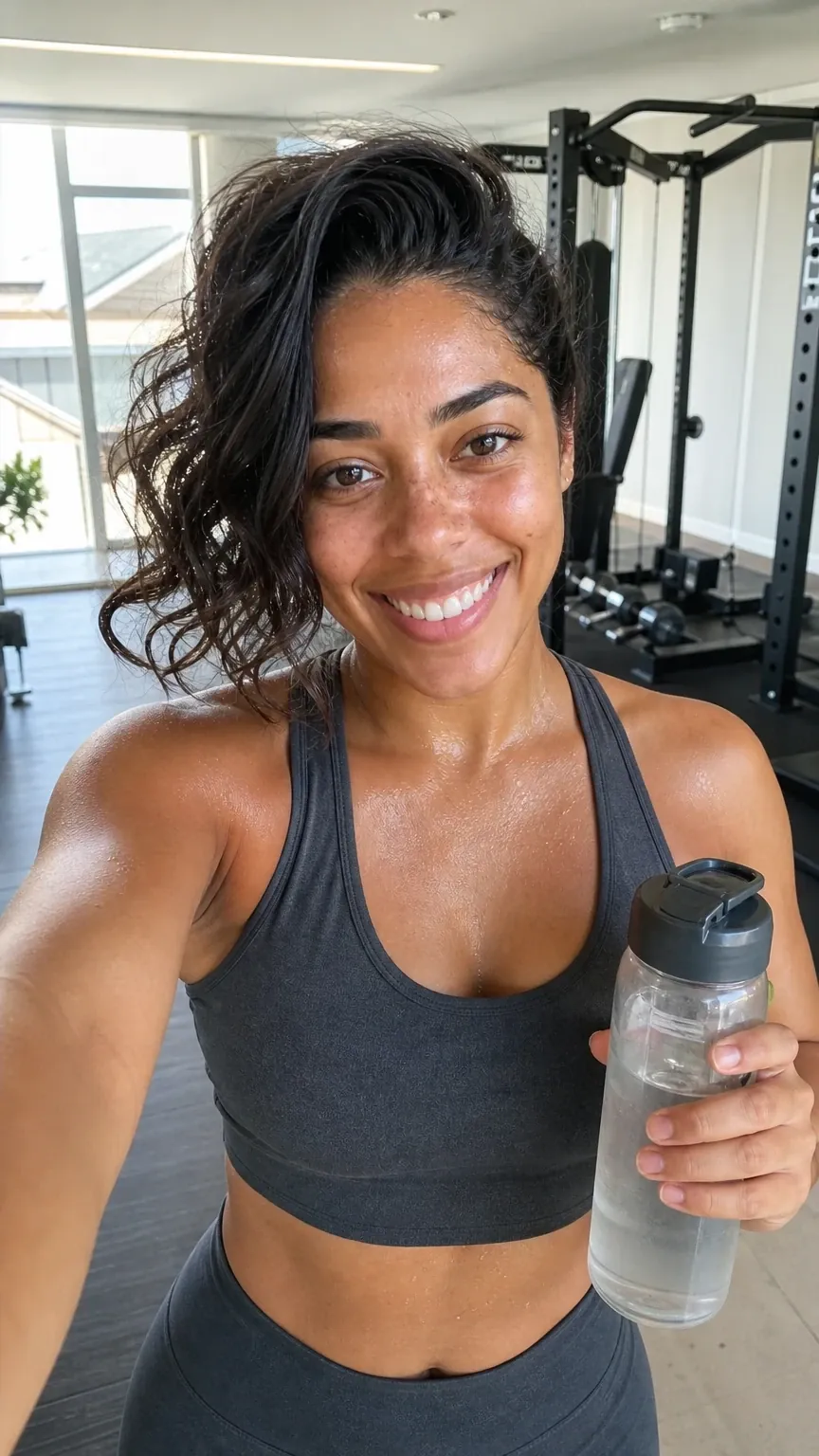 Nina faz uma selfie depois do treino numa academia clara