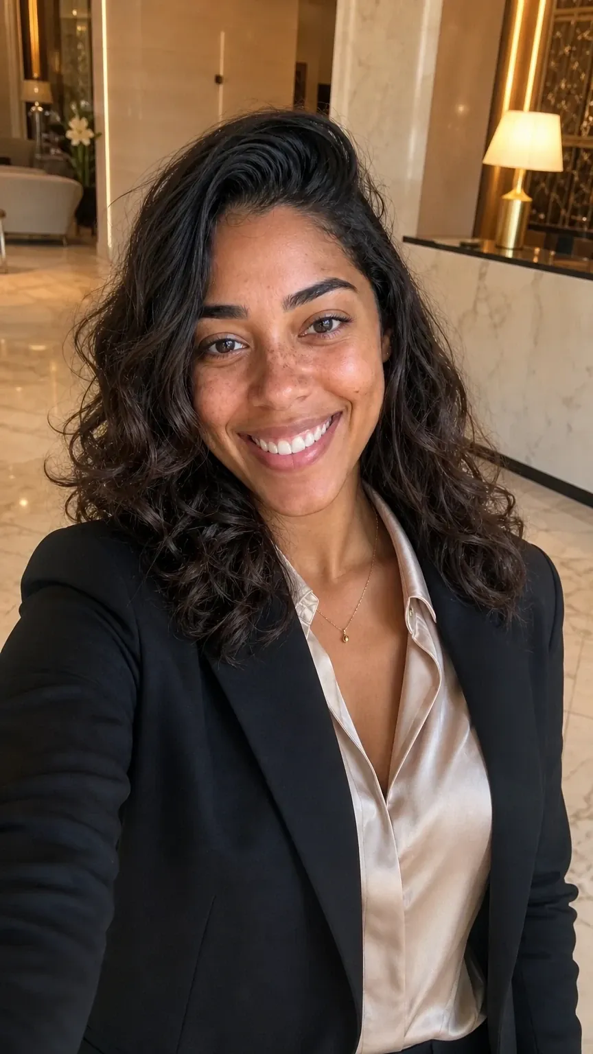 Nina no lobby de um hotel com mármore, de blazer preto