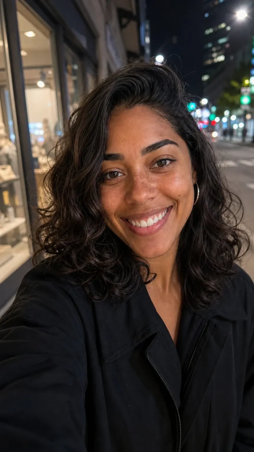 Nina numa rua de São Paulo à noite, com as luzes da cidade ao fundo