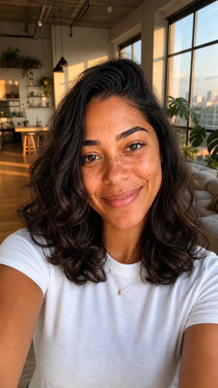 Depois: a mesma pose num loft com janelas grandes e luz de fim de tarde